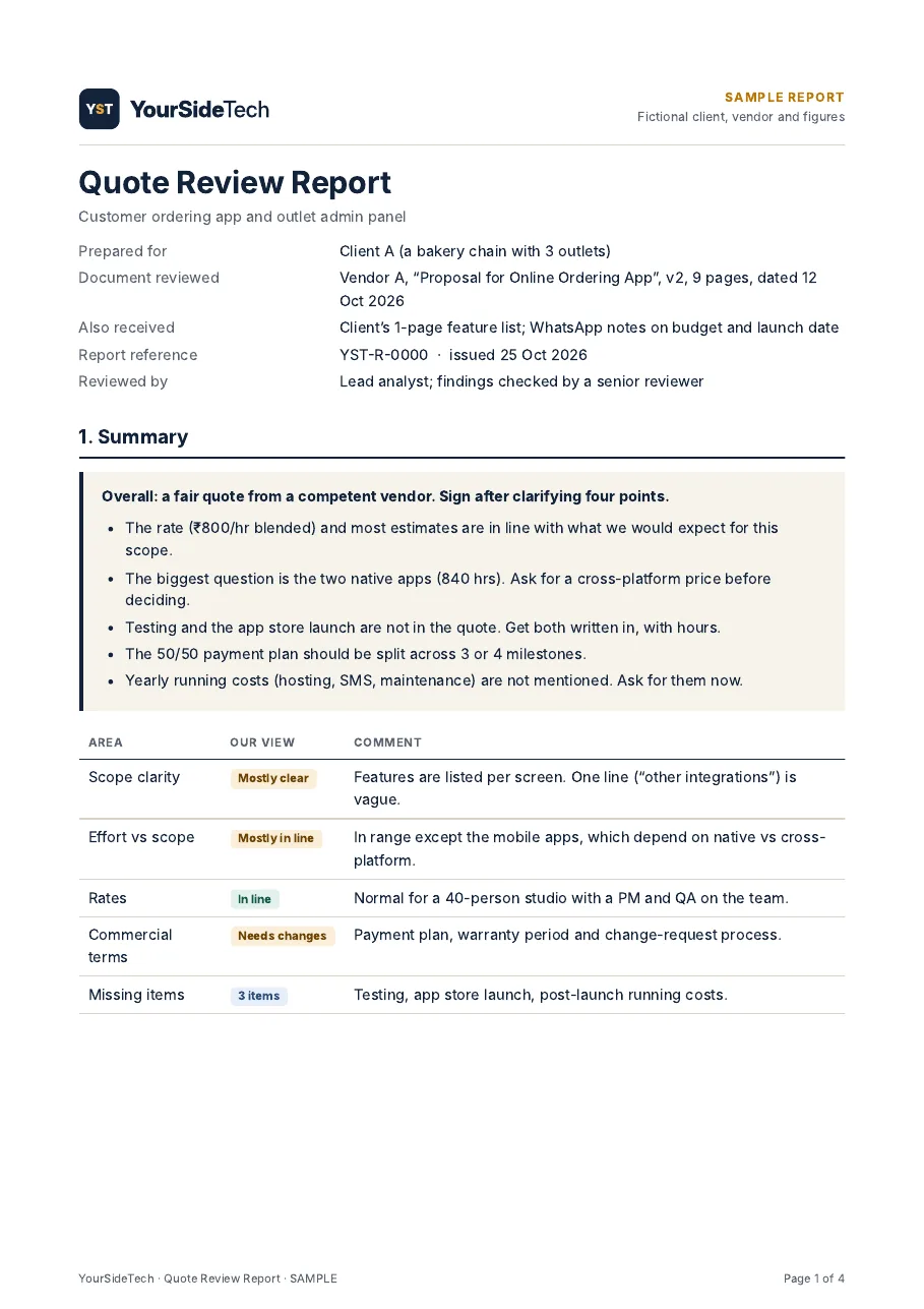 First page of the sample report: summary and overall view.